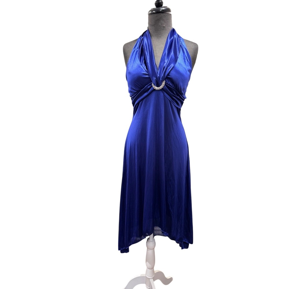 My Michelle Y2K Royal Blue Halter Dress Rhinestone Brooch Handkerchief Hem Small